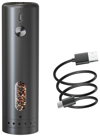 Salz und pfeffermühle elektrisch aufladbar, Automatis elektrische pfeffermühle mit große Kapazität 110ml, Extern Einstellbare Grobheit, LED-Licht und Einhandbedienung, Schwarz