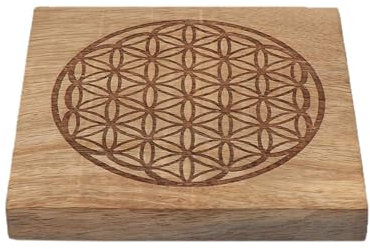 NKlaus Blume des Lebens Untersetzer aus Mangoholz 12,5×12,5 cm – dekorativ graviert, rutschfest mit Gummifüßen, ideal für Tassen, Kristalle, Teekannen 16758