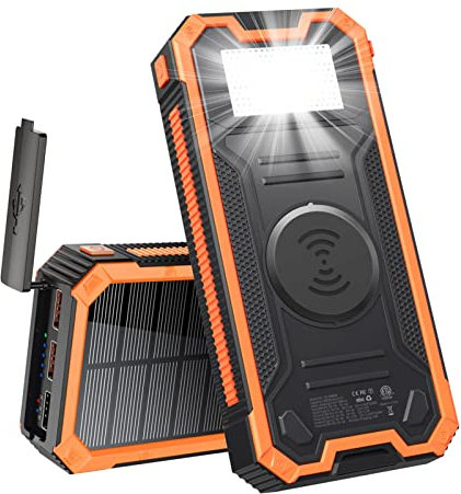 Tyenaza Solar Power Bank, Orange 30000Mah 10W Wireless Charge PD Carica rapida Funzione SOS LED LIGHT Bank batteria solare, per, campeggio all'aperto