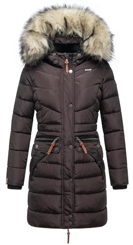 Navahoo Damen Wintermantel warmer Steppmantel lang mit abnehmbarer Kunstfell-Kapuze Paula Choco Gr. XXL