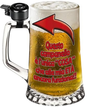 Bombo Bierkrug aus Glas mit Glocke - Farbiger Aufdruck Diese Glocke ist das Einzige, was in meinem Alter noch funktioniert!! mit Pfeil - witzige und ironische Geschenkidee