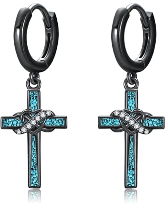 Schwarze Kreuz-Ohrringe 925er Sterlingsilber Türkis Kreuz-Creolen Schwarze Kreuz-Schmuckstücke Geschenke für Frauen Ehefrau Mutter