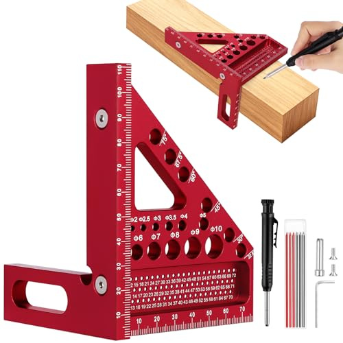 Flintronic 3D-Gehrungswinkel, 110MM, Aluminium Winkelmesser Metall 22.5-90 Winkelmaß, Multifunktional Präz.-Gradmesser Lineal mit Bleistift und Minen für Holzarbeiten Heimarbeit Handwerker DIY, Rot