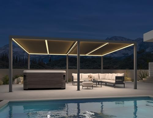 PURPLE LEAF Pergola Bioclimatique 6 x 3,68 m avec Bande LED, Pergola de Jardin en Aluminium, Tonnelle d’Extérieur avec Gouttières Intégrées, Idéale pour Terrasse et Patio, Gris