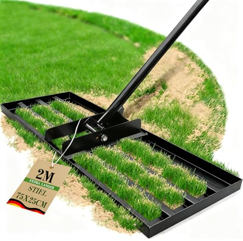Sorlpv Rasen Nivellierungsrechen 75x25 cm, Rasenrechen mit 2M Verstellbarem Metallstiel, Handlicher Robuste Rasenpflege Rakel Werkzeug für Garten, Golfplatz, Rasenpflege, Rasen Sanden