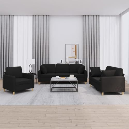 HFXHIJXQ Schwarze 3-TLG. Sofagarnitur mit Sessel 2er & 3er Sofa 198 cm Breite Stoffbezug Moderne Wohnlandschaft Robust & Bequem für Wohnzimmer Büro Küche