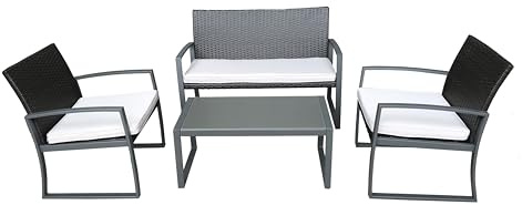 DELUKE Garten-Sitzgruppe ROM 4-TLG. - Kunststoff, Grau | Gartenmöbel-Set Gartengarnitur Garten-Essgruppe mit Stühlen und Esstisch