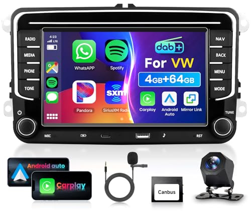 4G&64G DAB/DAB+ VECHTEL 7 Autoradio für VW Golf 5 6 Polo Passat Skoda Touran Tiguan Seat Carplay Android Auto,DSP EQ,WiFi GPS Navi,Mirror Link,RDS/FM Radio 2 Din mit AHD Rückfahrkamera