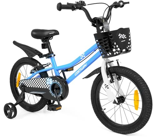COSTWAY Kinderfahrrad mit Korb, 16 Zoll Fahrrad mit höhenverstellbarem Sattel & Lenker, Kinderrad mit Klingel, Schutzblech, V-Brake Bremsen & Stützrädern für 4-7 Jahren Jungen & Mädchen (Blau)