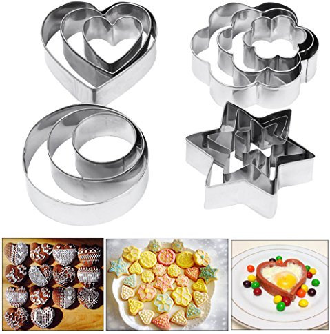 Cortadores de Galletas 12 piezas Acero Inoxidable con Formas de Corazón, Círculo, Estrella y Flor para Hornear Cocina