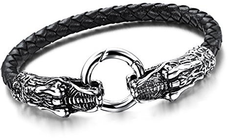Cupimatch Herren Lederarmband, Edelstahl Gotik Drachen Kopf Anhänger geflochten Manschette Kordelkette Ring Armband Armreif, silber schwarz