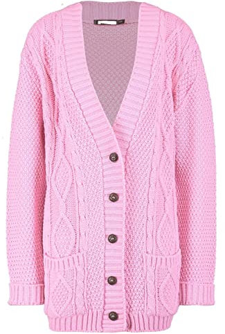 Red Olives New Women's Ladies Long Sleeve Button Top Chunky Aran Cable Knitted Grandad Cardigan UK 8-26 (12-14, Baby Pink)