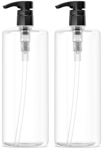 Bar5F Lot de 2 Bouteilles de shampooing vides avec Pompes 900 ML/1 Litre, sans BPA, légères (Plastique PETE1 à densité Moyenne)