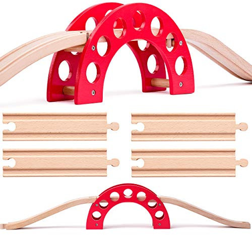 Set: Holz - Brücke + 7 Schienen - für Holzeisenbahn - passend für alle Schienen-Systeme & Straßen - z.B. Brio/Heros/Eichhorn/IKEA/Woody u.v.m. - Holzb..