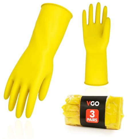 Vgo... 3-Pairs Reusable Household Gloves, Rubber Dishwashing gloves, Extra Thickness, Long Sleeves, Kitchen Cleaning, Working, Painting, Gardening, Pet Care (Size L, Yellow, HH4601)