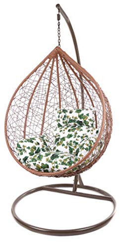Kideo Komplettset: großer Hängesessel mit Gestell & Kissen, Korbsessel, Poly-Rattan (Korb & Gestell: braun, Kissen: weiß/grün Nest (1068_Summer_Vine))