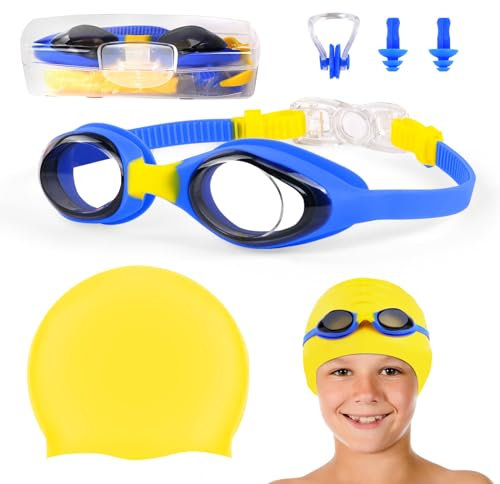 flintronic Lunettes de Natation, Anti-buée et Anti-Fuite Protection UV Longueur Réglable Lunettes étanches avec Bonnet de bain Pince-nez et Bouchons d'oreilles pour Jeune Enfant Élève Garçon Fille
