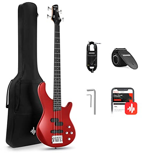 Donner Electric Bass Guitar 4 Strings Full-Size Standard Bass PJ-Style Electric Bass for Adults with Free Online Lesson,Gig Bag Guitar Strap and Guitar Cable Included, DPJ-100, Red