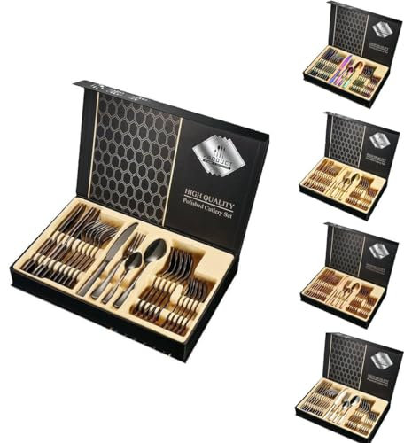 Faizee Möbel | Besteck Set Edelstahl für 6 Personen | 24-teiliges Besteckset hochglanzpoliert | Spülmaschinenfest & rostfrei | Edles Tafelbesteck in Geschenkbox (Schwarz)
