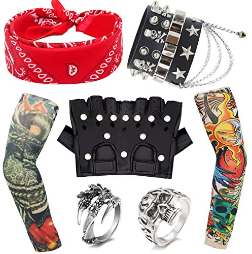 7 Stück Rock Zubehör, 70er 80er Jahre Punker Kostüm Zubehör mit falschen Tattoo Ärmeln Armband und Ringe Schwermetall Disco Rocker Kit für Frauen Männer Erwachsene Halloween Karneval Party