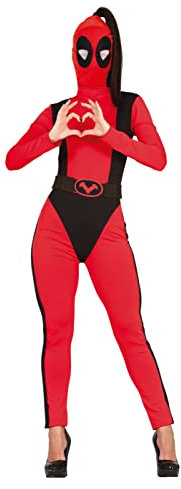 FIESTAS GUIRCA Super Antiheroine Fancy Dress Costume - Funny Super Hero Red and Black Jumpsuit with Belt and Hood for Ladies Size L