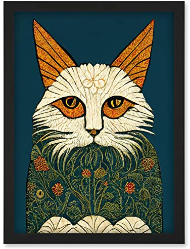 Doppelganger33 LTD Melancholy Moggie Cat Illustration William Morris Style Teal Gold Artwork Framed Wall Art Print A4