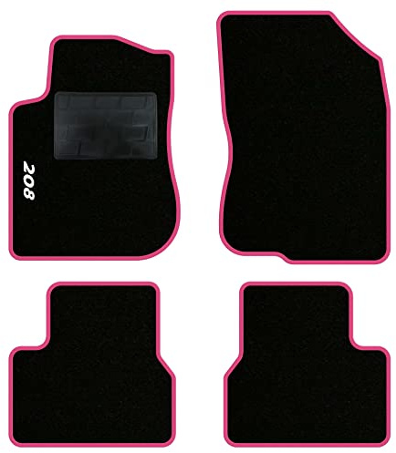 QUEMAR Auto-Fußmatten kompatibel mit Peugeot 208 I 2012-2019 / Kit Teppich- und Gummi-Fußmatten nach Maß (Set 2 vorne + 2 hinten) / Stickereien und personalisierte Farben (1 Stickerei, rosa Rand)