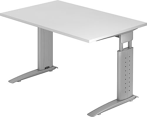 bümö höhenverstellbarer Schreibtisch U-Serie 120x80 weiß, Gestell in Silber - PC Tisch klein für's Büro manuell höhenverstellbar, Computertisch verstellbar