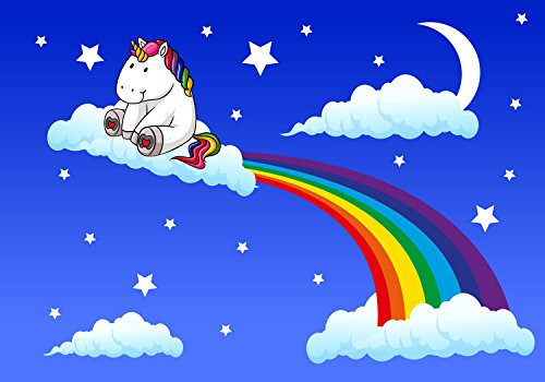 wandmotiv24 Fototapete Kinderzimmer Regenbogen-Einhorn, 400 x 280 cm - selbstklebende Strukturtapete, Wanddeko, Wandbild, Wandtapete, Fantasy, Mond, Nachthimmel M0434