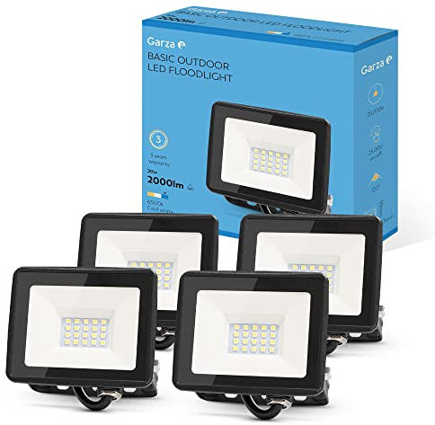 Garza - Projecteur LED Extérieur (Pack de 4), Lumière Froide (6500k), 20W, 2000 Lumens, Angle de Lumière 120º, Étanche IP65 pour Maison, Jardin, Terrasse.