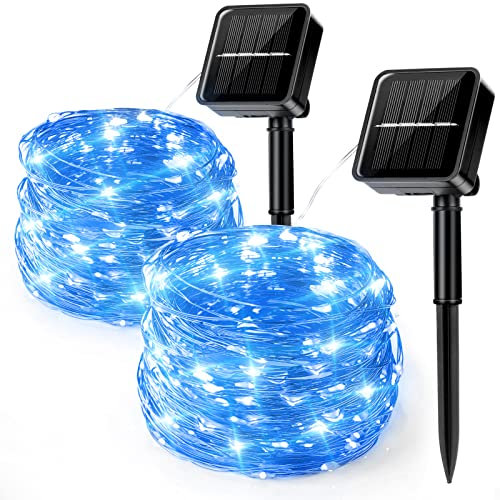 Aisutha Solar Lichterkette Außen, 2x12M 120 LED Lichterkette Aussen, 8 Modi Kupferdraht Solarlichterkette IP65 Wetterfest für Garten, Balkon, Terrasse, Tor, Hof, Hochzeit, Party (Blau)