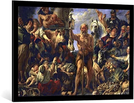 kunst für alle Bild mit Bilder-Rahmen: Jacob Jordaens Diogenes mit der Laterne auf dem Markte Menschen suchend - dekorativer Kunstdruck, hochwertig gerahmt, 100x65 cm, Schwarz matt
