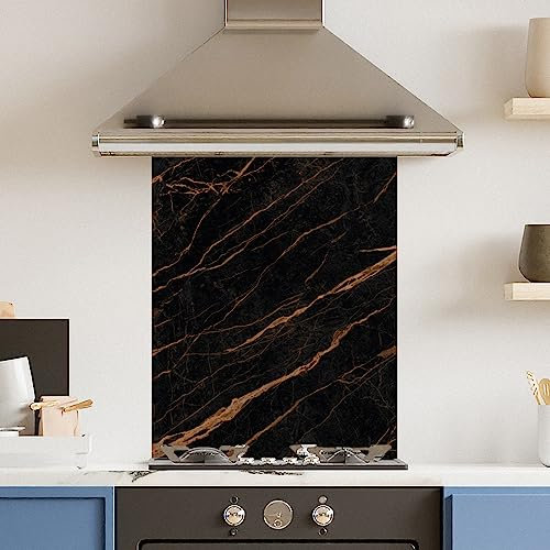 Premium 60 cm x 75 cm Black Gold Marble Glass 6mm Kitchen Splashback Heat Resistant Toughened Polished Edges - Back Splash Back Coloured Hob Painted Tempered Splashback