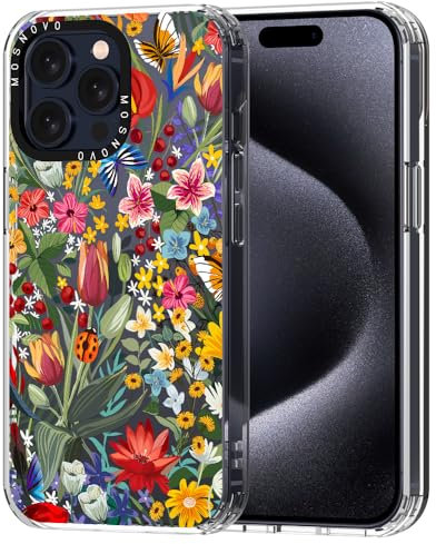 MOSNOVO Case for iPhone 15 Pro Max, [Buffertech 6.6ft Military-Grade Drop Protection] [Anti Peel Off Tech] Clear TPU Bumper Phone Case Cover Design - In The Garden