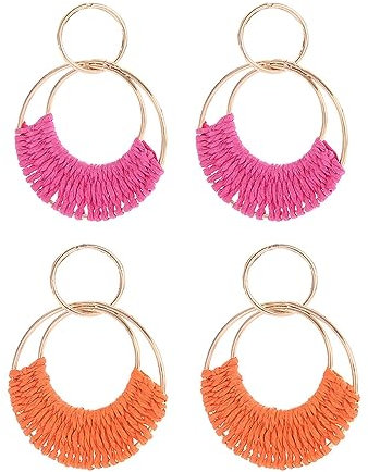 FDEETY Ohrringe für Damen Bohemian Raffia Hoop baumeln Ohrringe Hand gefertigte Stroh Wicker Rattan Ohrringe Runde Ohrringe (Rosa + Orange)