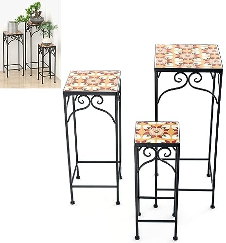 TANGZON 3PCS Mosaic Plant Stand, Metal Frame Square Flower Pots Holder with Ceramic Tile Top & Non-slip Foot Pads, Outdoor Indoor Plant Shelf Flower Display Rack for Home Garden Balcony Patio (Yellow)