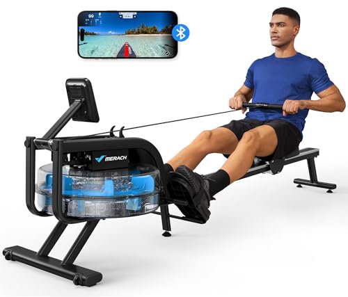 MERACH Wasserrudergerät für zuhause, Rudergerät Wasser 150kg Gewichtskapazität, Rowing Machine mit Bluetooth-Funktion, Ipad-Halterung und bequemes Sitzkissen, Vertikale Aufbewahrung