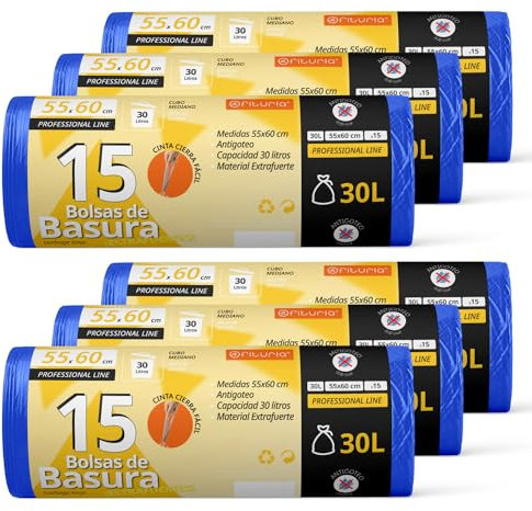 Bolsas Basura, Bolsas Basura 30L, Resistentes, Aptas para Cubos de Basura de 30L, Antigoteo, Bolsas con Autocierre Fácil, Apta para Todo Tipo de Desechos, 55x60 cm - Ofituria (90 bolsas, 30L)