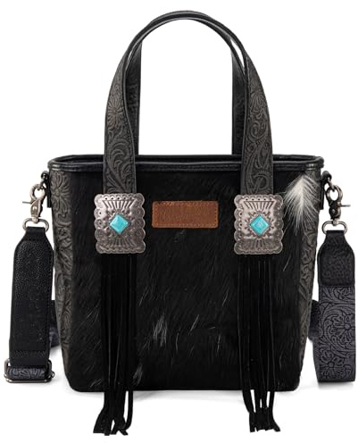Montana West Wrangler Tragetasche aus Rindsleder für Damen, Western-Werkzeugtasche, Lederfransen mit türkisfarbenem Stein-Concho