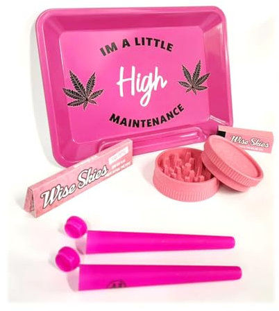 Wise Skies Pink High Maintenance Small Rolling Tray Set Bundle Crusher Cone Holders Rolling Papers Tips