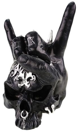 Kremers Schatzkiste Dekofigur Totenschädel Rock Yeah Schwarz/Silber 19cm Skull Polresin Gothic Figur Wohnzimmer Deko Geschenk Totenkopf Skulptur Satan Kult