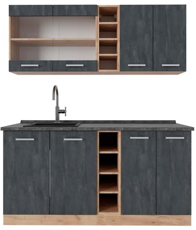 Vicco Singleküche R-Line, Schwarz Beton/Goldkraft Eiche, 160 cm | 6 Module · Höhenverstellbare Füße · AP Anthrazit inkl. · Robuste Fronten · Mit offenen Regalen · Frei kombinierbar