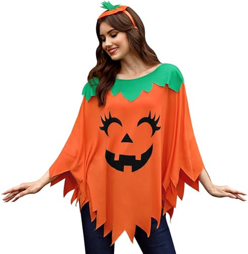 For G and PL Halloween Damen Kürbis Umhang Orange Poncho mit Kopfschmuck Mottoparty
