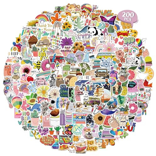 SHINTAYL 200PCS Preppy Vinyl Stickers - Waterproof Cute Sticker with Mixed Graffiti Animal Flower Decals, Water Bottle Stickers Pack for Laptop, Phone, Luggage, Skateboard for Teens Girls Kids