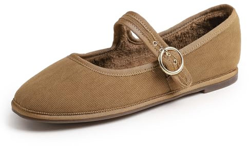Feversole Women's Soft Breathable Mary Jane ,Mujer Zapatillas Merceditas Mary Jane de Pana Camel con Hebilla Redonda Forro de Piel