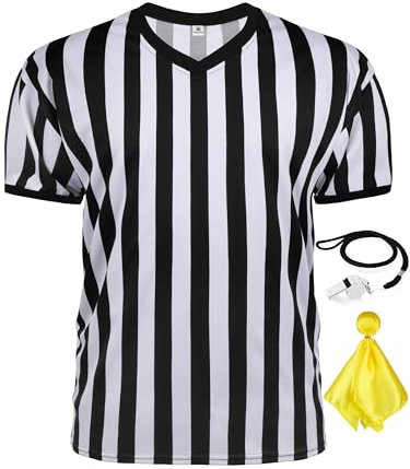 FancyFun Schiedsrichterhemd für Herren, V-Ausschnitt, schwarz-weiß gestreift, Schiedsrichtertrikot, Ref. Shirt für Herren, Hut, Edelstahl, Pfeife, Strafflagge für Fußball, Größe L, 3 Stück