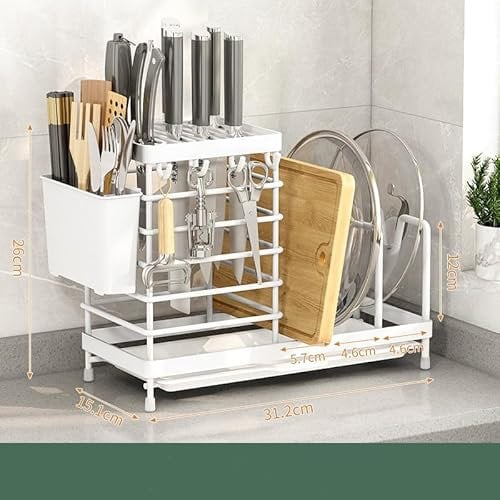 GELIMY Multifunctional All One Kitchen Cutlery, Knife Holder Cutting Board Organizer Holder Pot Lid Drying Rack, Chopsticks, Storage Cookware (White)