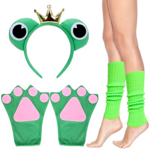 Froschkönig Haarreif, Frosch Handschuhe, 3 Stück Froschaugen Haarreifen Krone Set, Stulpen Neon, Frosch Kostüm Zubehör Accessoire Erwachsene Kinder, für Ostern Karneval Halloween Fasching Cosplay