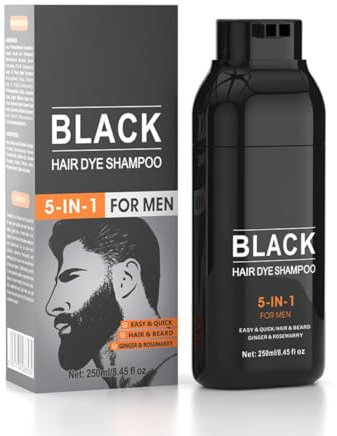 Shampoo 5 in 1 da uomo barba colorazione dei capelli nero naturale, barba tintura nera, copricapi shampoo balsamo, copricapo bianco, contenuto netto: 250 ml
