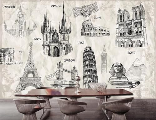 Fototapete 3D Effekt Vintage Welt Sehenswürdigkeiten Und Attraktionen Landschaft Tapete 400x280cm, Wanddeko, Wandbild, Wandtapete